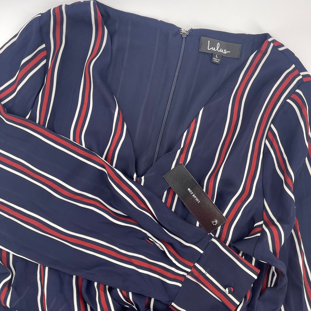 Lulus Navy Striped Wrap Dress Long‎ Sleeve V-Neck Tie Waist Polyester L